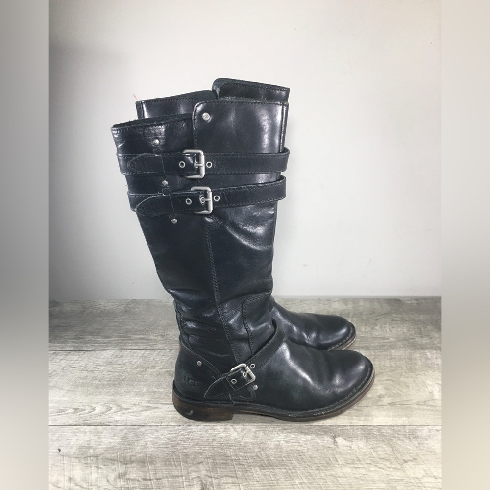 UGG Australia Gillespie Tall Moto Buckle Black Leather Women Knee High Boots 7.5